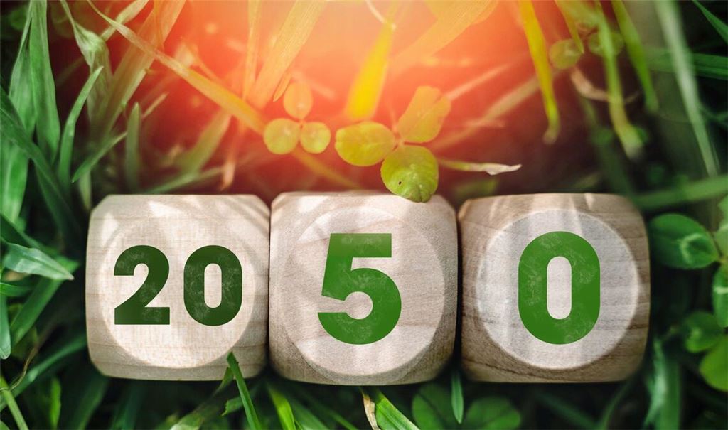 Die Zahl 2050 steht für das Klimaziel der EU, klimaneutral zu werden. Der European Green Deal gibt die Richtung vor, um Emissionen auf netto null zu senken und eine nachhaltige Wirtschaft zu erreichen.