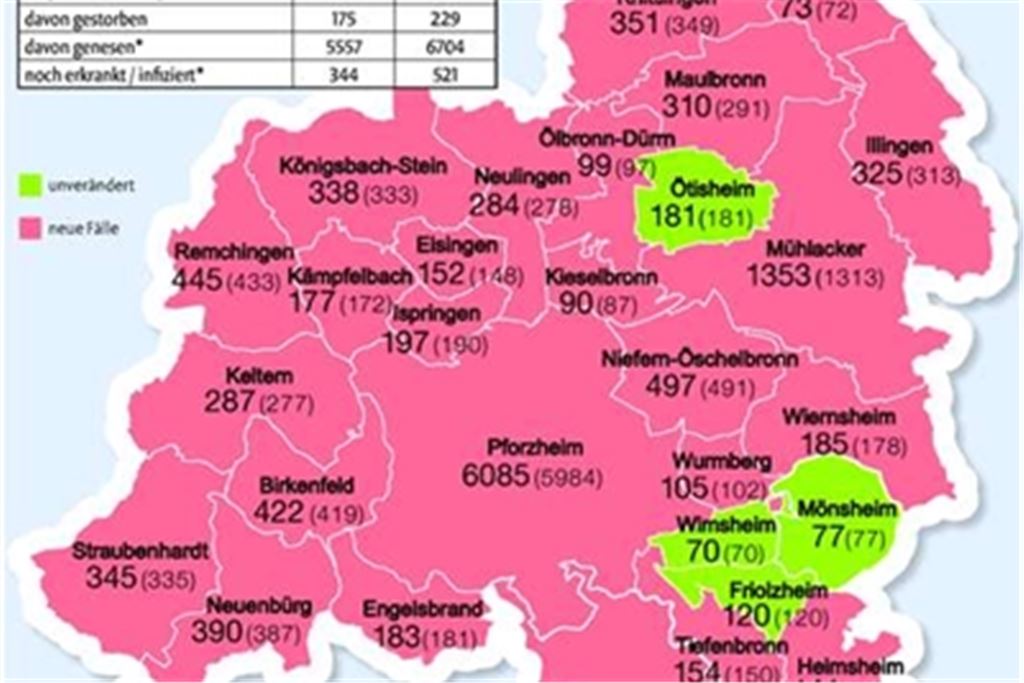 Die Zahl der Corona-Fälle in den Kommunen der Region im Vergleich zum 9. April. Grafik: MT