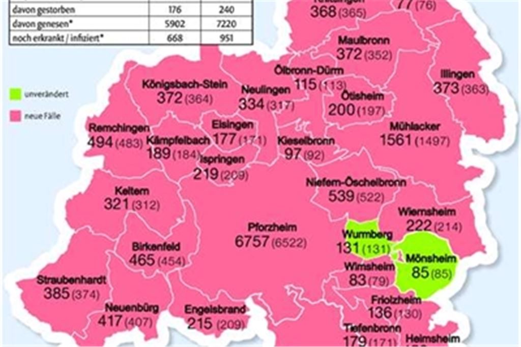 Die Zahl der Corona-Fälle in den Kommunen der Region im Vergleich zum 23. April. Grafik: mt