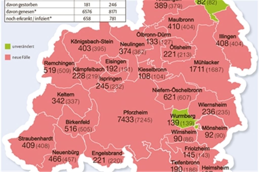 Die Zahl der Corona-Fälle in den Kommunen der Region im Vergleich zum Freitag. Grafik: mt