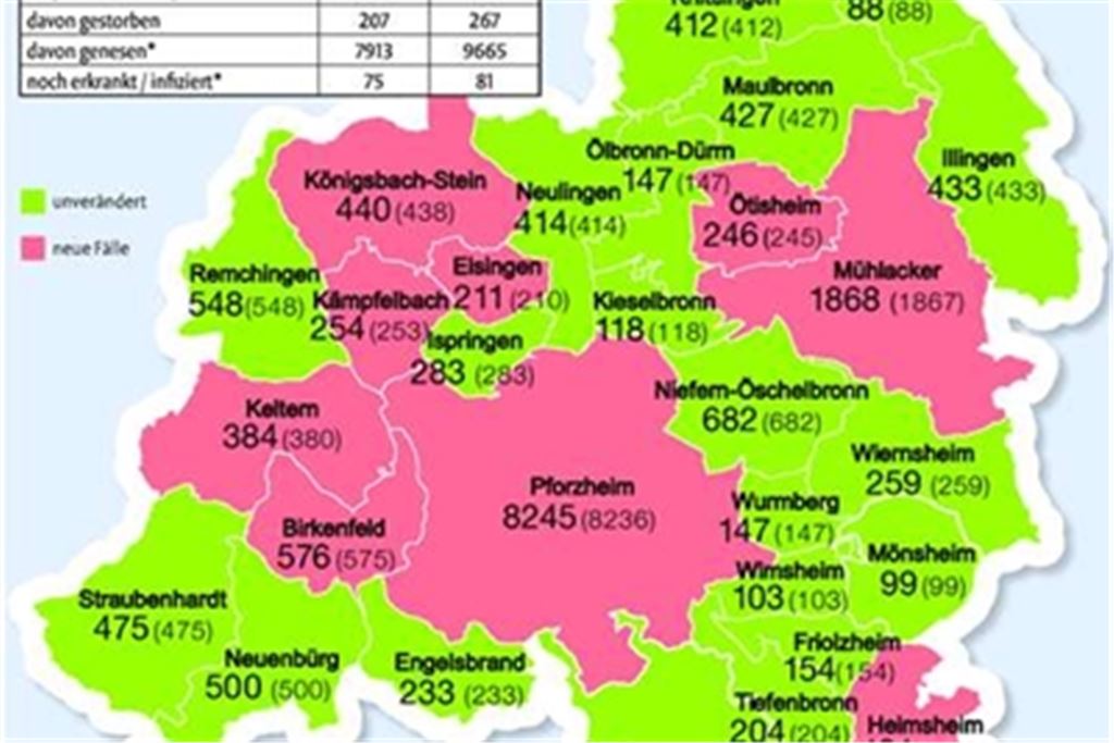 Die Zahl der Corona-Fälle in den Kommunen der Region im Vergleich zum Freitag. Grafik: Mühlacker Tagblatt