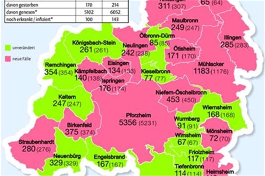 Die Zahl der Corona-Fälle in den Städten und Gemeinden der Region im Vergleich zum 2. März.