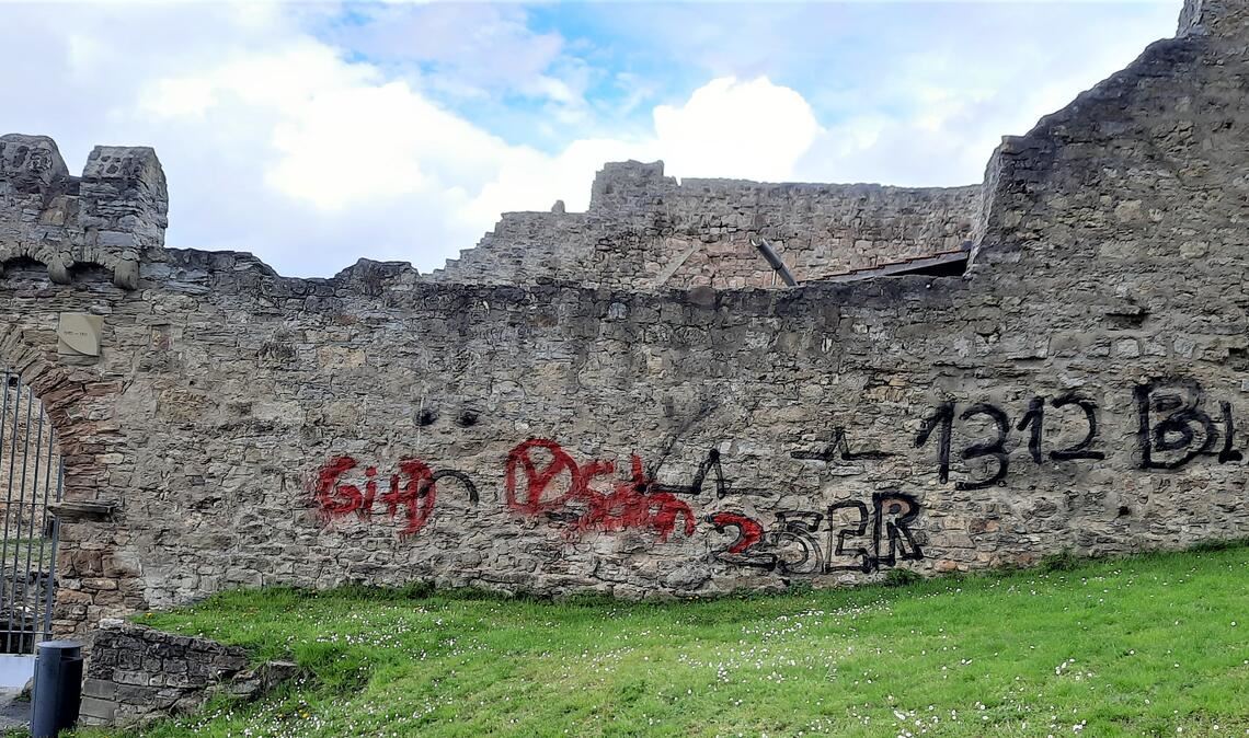 Die aufgesprühte Zahlenfolge „1312“ soll für die Buchstaben „ACAB“ stehen, ausgeschrieben „All cops are bastards“, frei übersetzt: „Alle Bullen sind Schweine.“