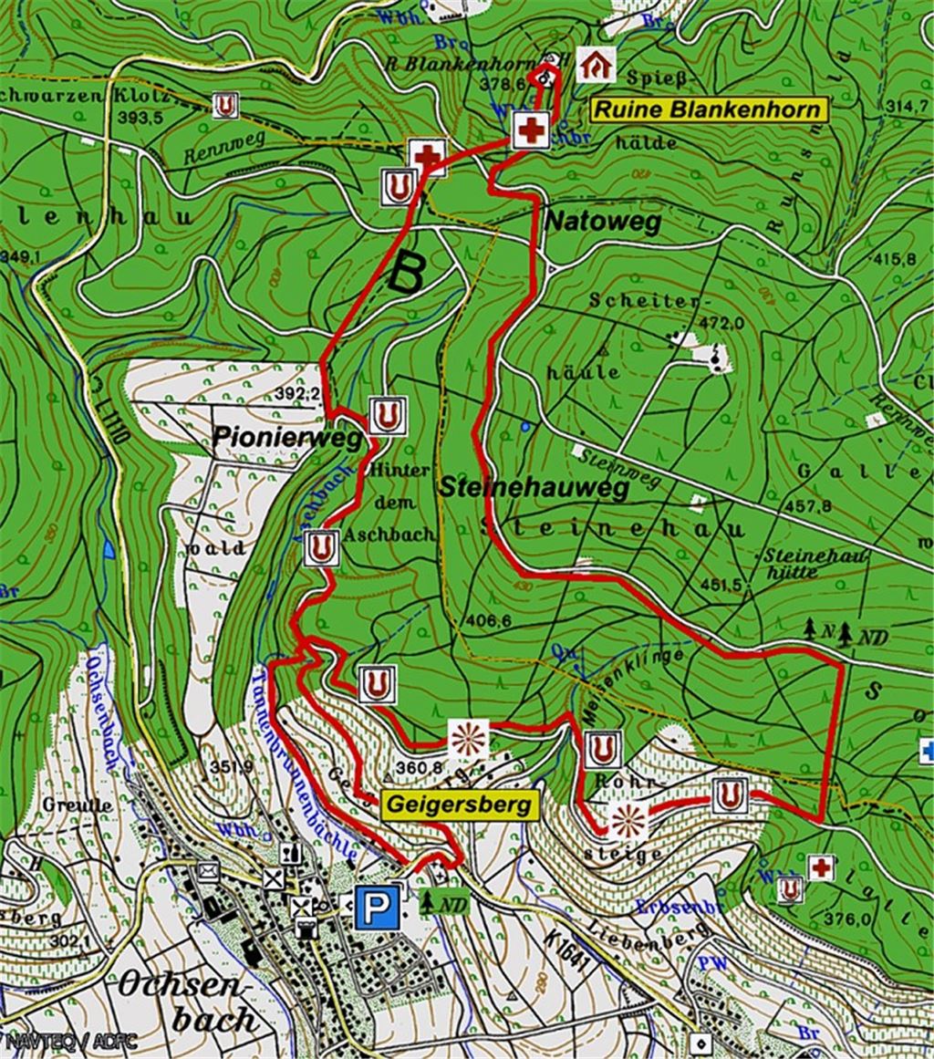 Die erste Wanderung des Vereins Gym& Dance in Kooperation mit unserer Zeitung führt von Ochsenbach zur Ruine Blankenhorn. Grundlage für die Route ist die topographische Karte 1:50000 des Amtes für Geoinformation und Landentwicklung Baden-Württemberg (www.lgl-bw.de).