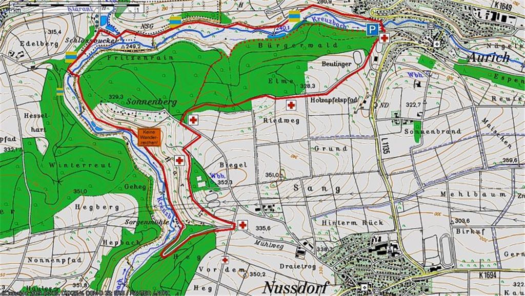 Die erste Wanderung von Gym & Dance und Mühlacker Tagblatt führt am Kreuzbach entlang. Grundlage für die Route ist die topographische Karte 1:50000 des Landesamts für Geoinformation und Landentwicklung Baden-Württemberg (www.lgl-bw.de).