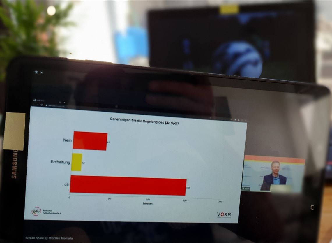 Die große Mehrheit der Delegierten stimmt für die Einführung des neuen Pandemie-Paragrafen in der Spielordnung des bfv.Foto: Huber