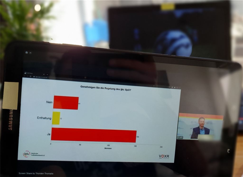 Die große Mehrheit der Delegierten stimmt für die Einführung des neuen Pandemie-Paragrafen in der Spielordnung des bfv.Foto: Huber
