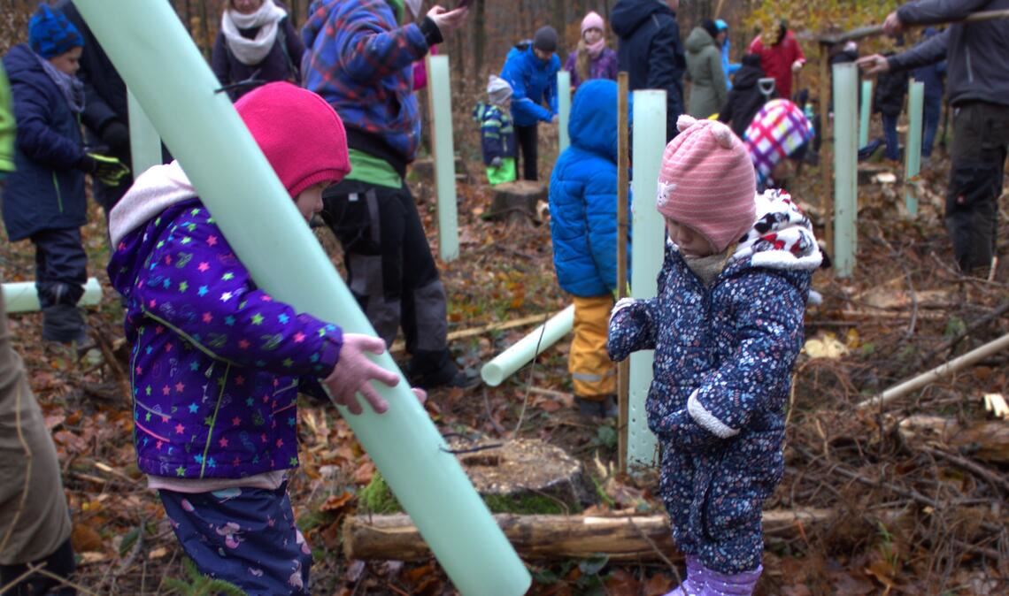 Die kleine Elena (links) stülpt den Schutz über den Setzling. Foto: Gießler
