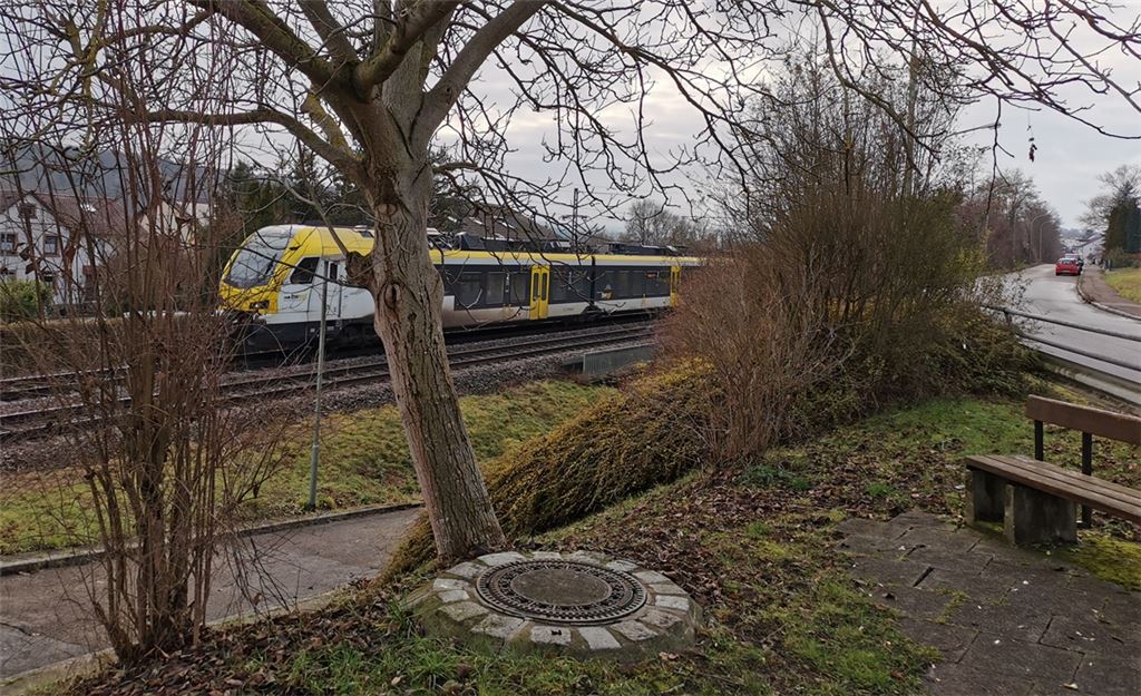 Die kleine Grünfläche samt Ruhebank bei Eutingen ist ein beliebter Treffpunkt. Von hier aus holten zwei Männer im September 2020 einen Schmutzfangkorb aus dem Gulli und rollten ihn auf die Gleise – aus Langeweile und um zu sehen, was wohl passiert. Foto: ih