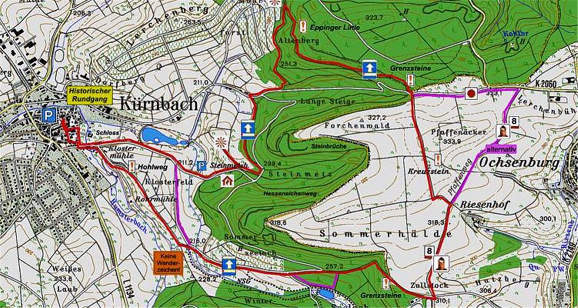 Die kommende Wanderung des Vereins Gym&Dance in Kooperation mit dem MT führt von Kürnbach aus ins obere Zabergäu. Grundlage für die Route ist die topographische Karte 1:50000 des Landesamtes für Geoinformation und Landentwicklung Baden-Württemberg (www.lgl-bw.de).