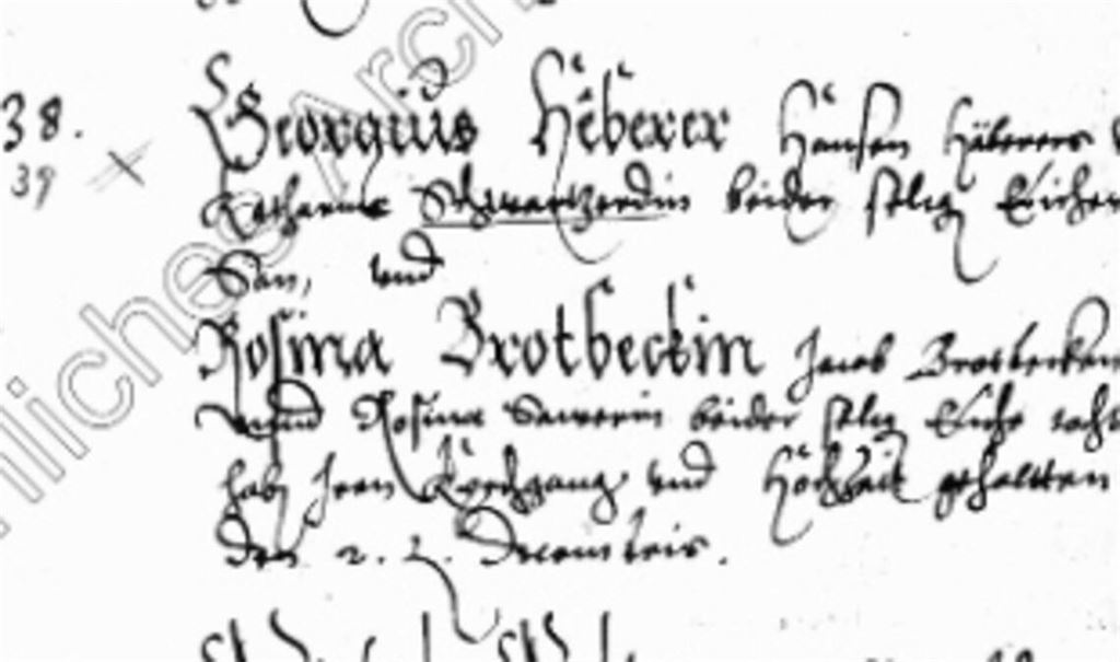 Die meisten Mitglieder der Familie Heberer wurden zu früh geboren, um in den Brettener Kirchenbüchern aufgeführt worden zu sein. Für Michael Heberers Bruder Georg (Georgius) aber findet sich im Jahr 1578 der Eintrag seiner Hochzeit. Dabei werden die Eltern Hans und Katharina geborene Schwarzerdt genannt, was die Verwandtschaft zu Melanchthon belegt. Scan: Becker