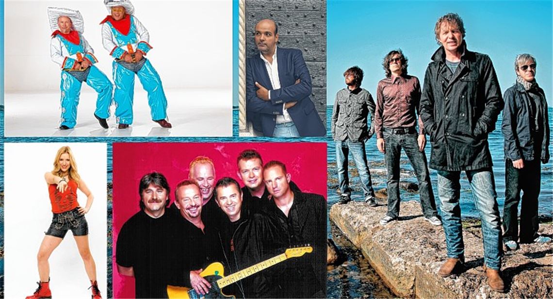 Diese Künstler sollen die Besucher auf der Gartenschau als Hauptprogrammpunkte bestens unterhalten: Die kleine Tierschau, Jay Alexander (oben, von li.), Stefanie Hertel, Spider Murphy Gang (unten) und Fools Garden (re.)