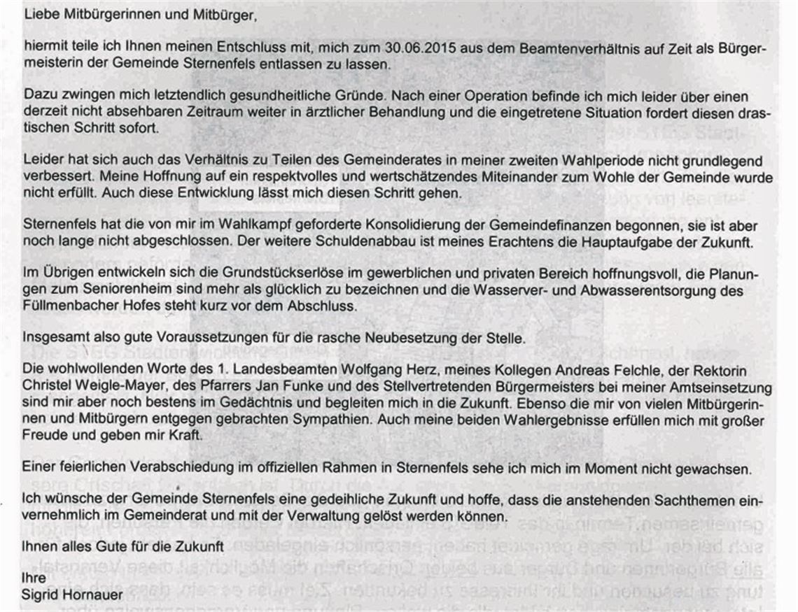 Diese Stellungnahme Sigrid Hornauers ist im Mitteilungsblatt der Gemeinde Sternenfels erschienen.