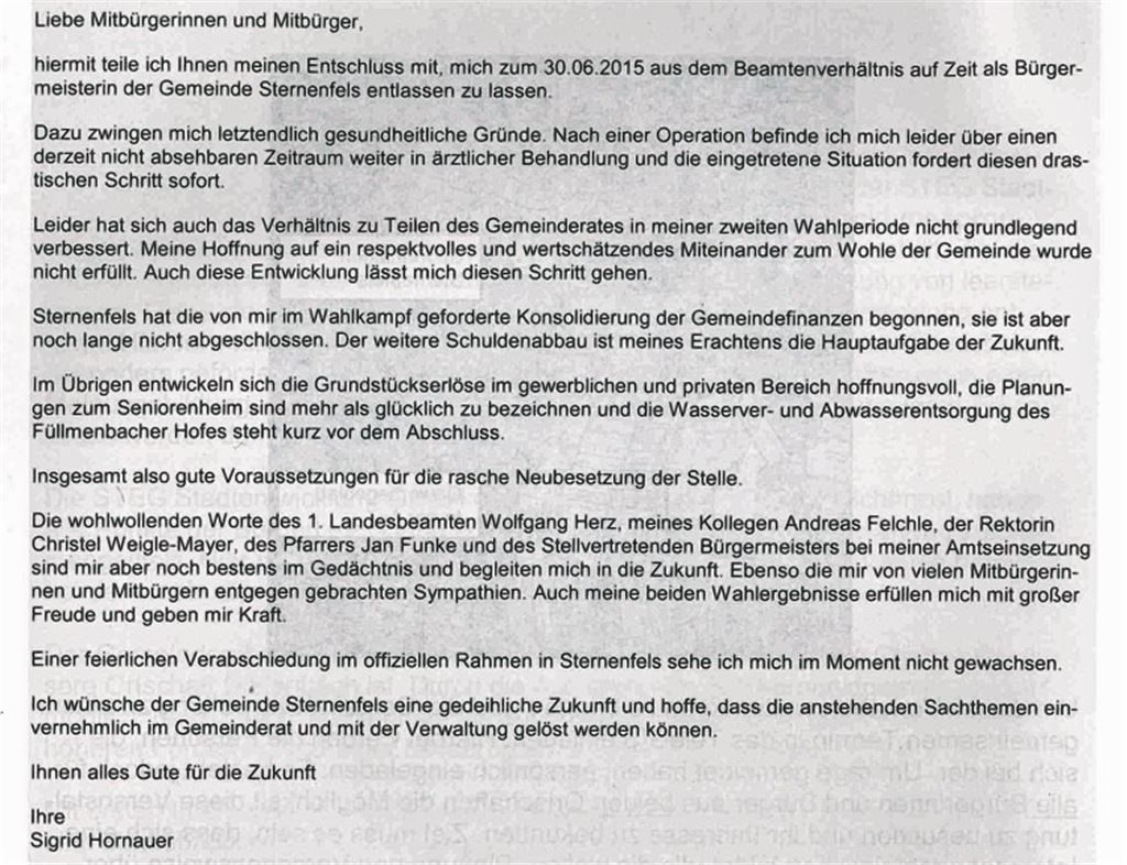 Diese Stellungnahme Sigrid Hornauers ist im Mitteilungsblatt der Gemeinde Sternenfels erschienen.