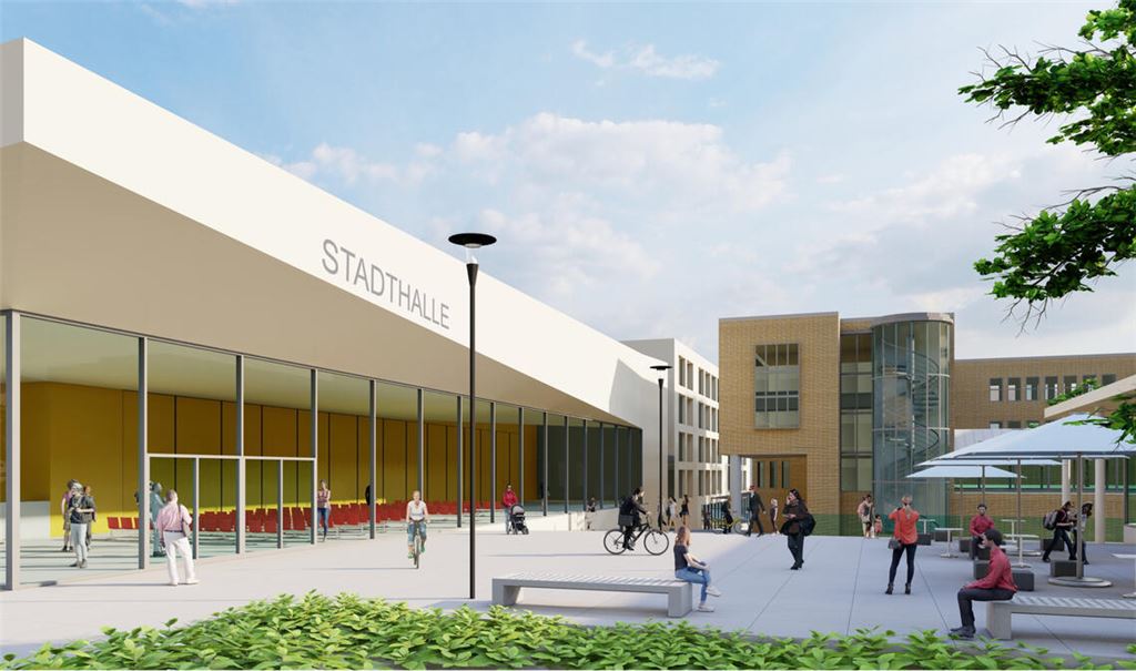 Dieser Blick – also der Eingang zur Stadthalle – soll sich Bürgern und Besuchern künftig von dort bieten, wo heute noch der Steg über die Bundesstraße 10 führt. Grafiken: MESA Development