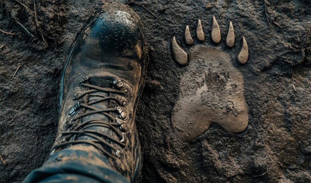 Dieser Fußabdruck (re.) ist eindeutig nicht menschlich. Zu wissen, welches Tier ihn hinterlassen hat, kann in der Wildnis über Lben und Tod entscheiden.