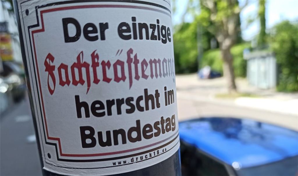Dieser migrantenfeindliche Aufkleber in Mühlacker, der aus der rechtsradikalen Ecke kommt, transportiert seine Botschaft indirekt und verunglimpft dabei „die politische Elite“. Fotos: Disselhoff