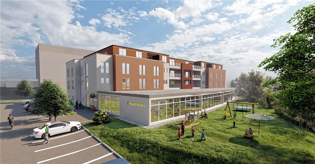 Direkt neben dem Krankenhaus soll ein Kurz- und Übergangspflegeheim mit 48 Plätzen entstehen. Im Gebäude wird unten die Kita „Rabennest“ integriert.Grafik: Sozialwerk Bethesda/Wohn-art Architekten