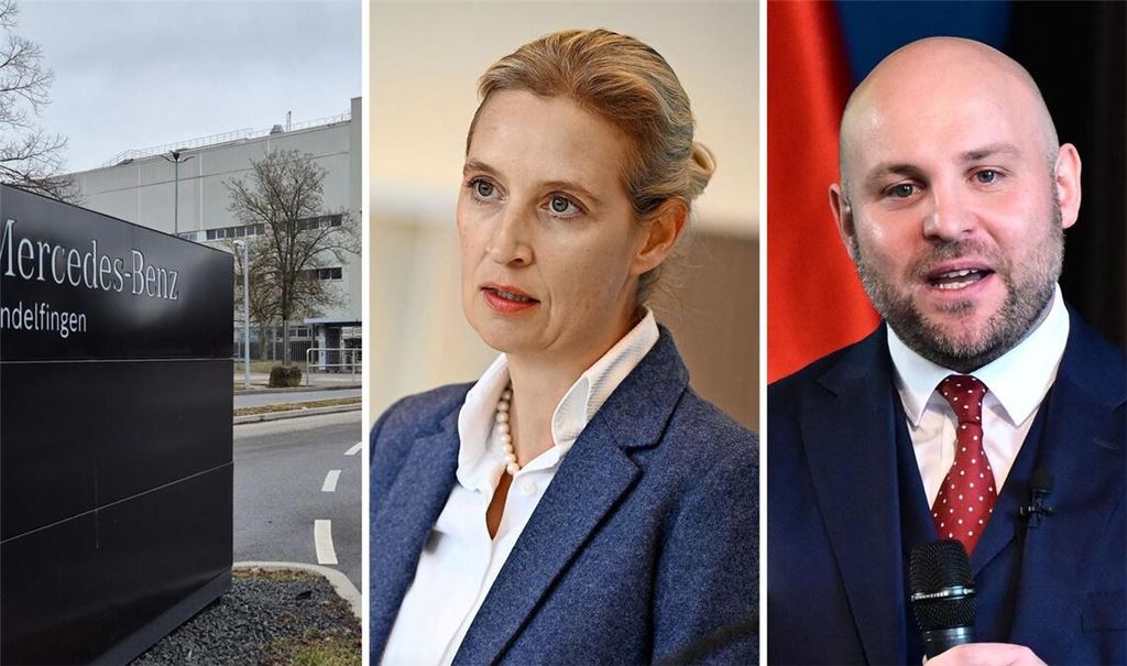 Doch nicht beim Autobauer in Sindelfingen vor Ort: Alice Weidel und Markus Frohnmaier. Das AfD-Duo tauchte allerdings vor dem Mercedes-Werk Untertürkheim auf.