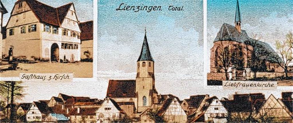 Dorf mit langer Geschichte: Blick von Südosten auf den Lienzinger Ortskern in der Zeit um 1920 (Repro-Postkarte).
