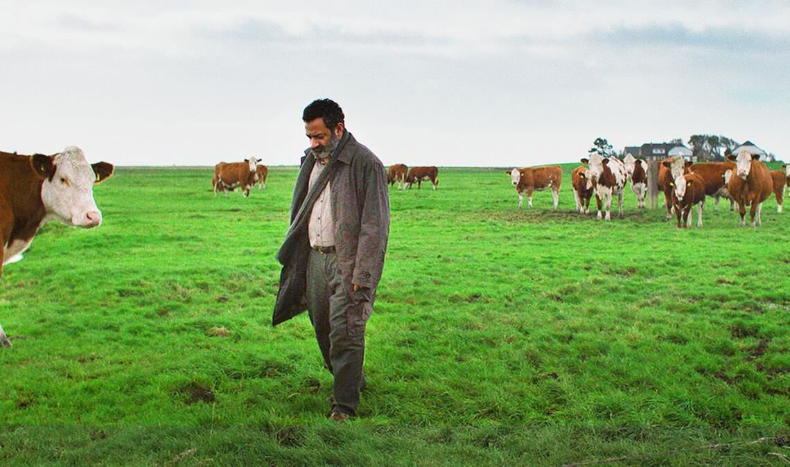 Draußen auf der Hallig verblenden sich Munirs (Georges Khabbaz) Traumbilder mit der windzerzausten Nordsee-Landschaft.
