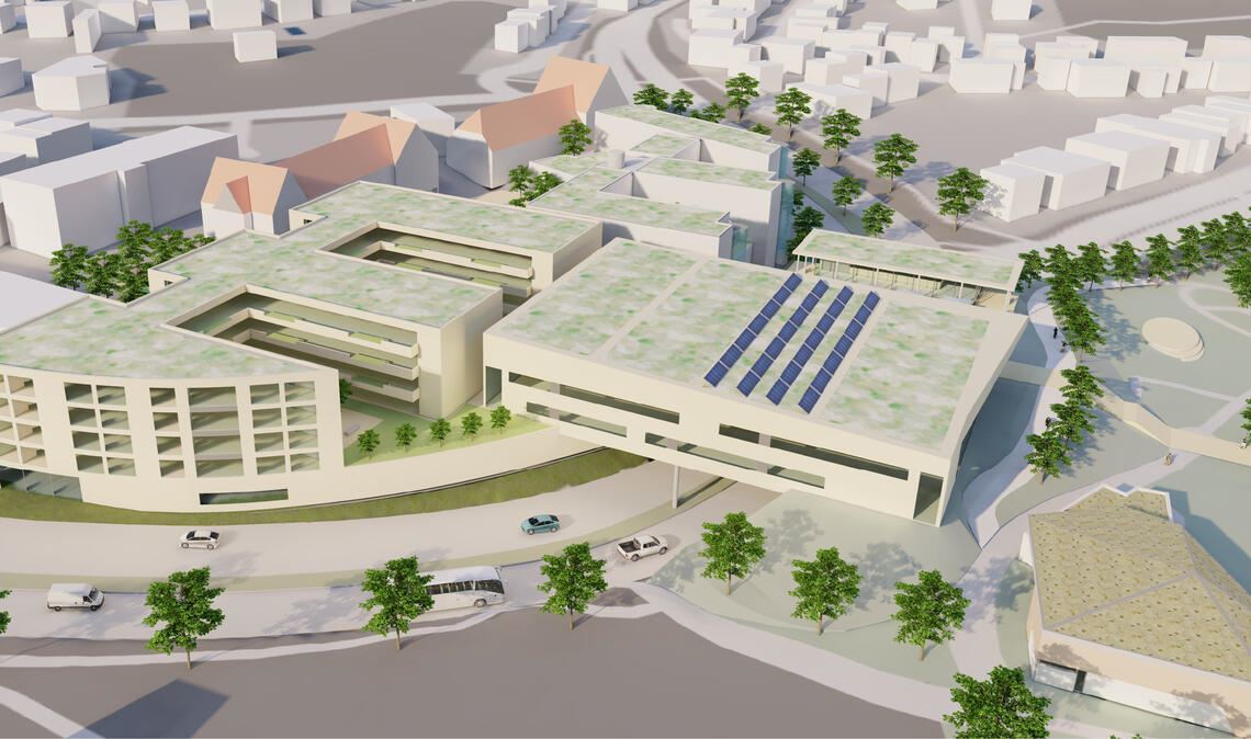 Durch ein Stadthaus und eine Kulturhalle, die über die Bundesstraße gebaut werden soll, soll die „Neue Mitte“ in Mühlacker Gestalt annehmen. Grafik: MESA Development