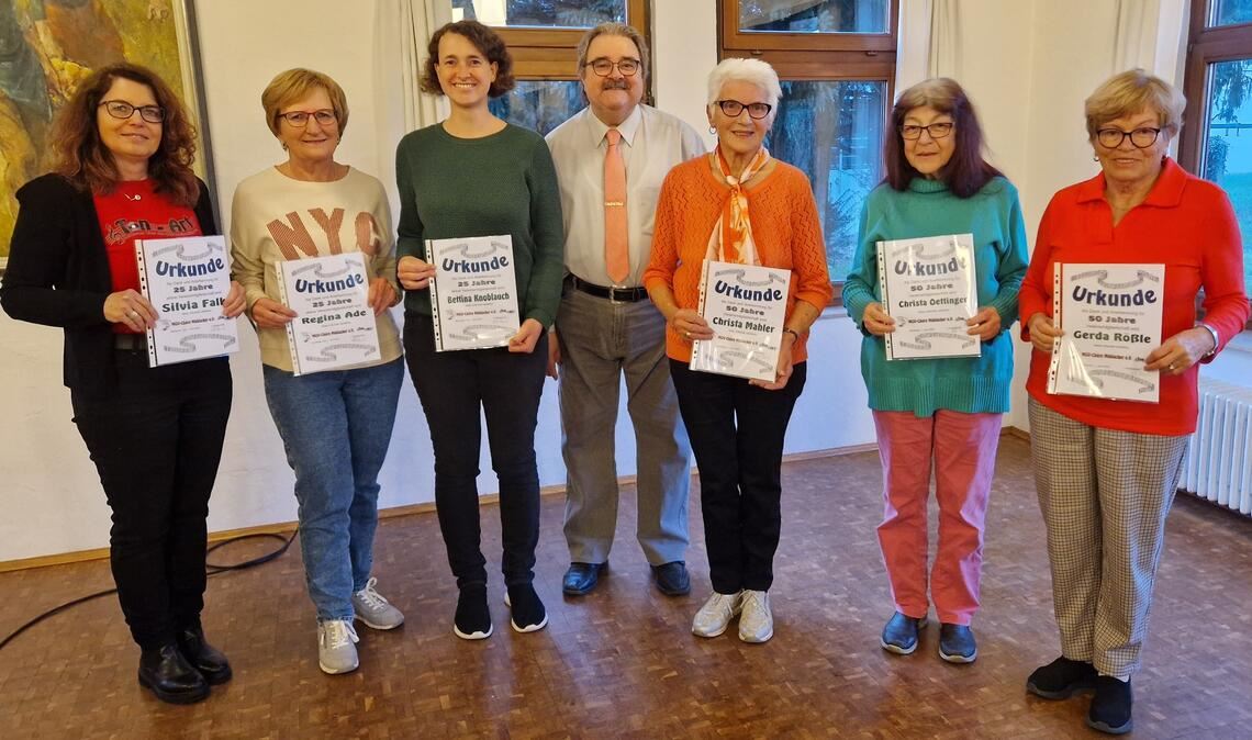 Ehrungen des Vereins für treue Mitglieder (v. li.): Silvia Falk, Regina Ade, Bettina Knoblauch, Peter Heinke, Christa Mahler, Christa Oettinger und Gerda Rössle. Fotos: privat