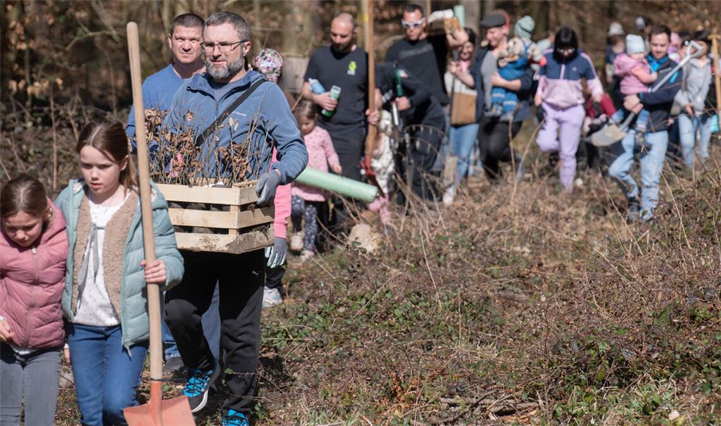 Eiche, Elsbeere und Feldahorn werden mit Förster Maximilian Rapp (vorne li.) im Gewann Moosig in Großglattbach gepflanzt. Foto: Fotomoment