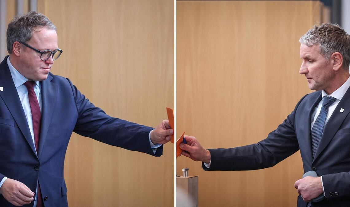 Ein Angriff von AfD-Fraktionschef Höcke gegen CDU-Ministerpräsident Voigt scheitert. (Archivbilder)