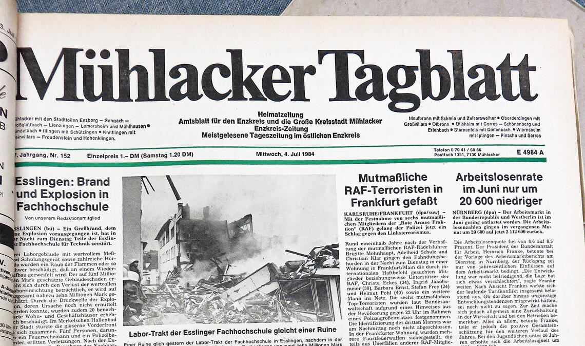 Ein Ausschnitt der Titelseite des Mühlacker Tagblatt vom 4. Juli 1984. Fotos: Becker