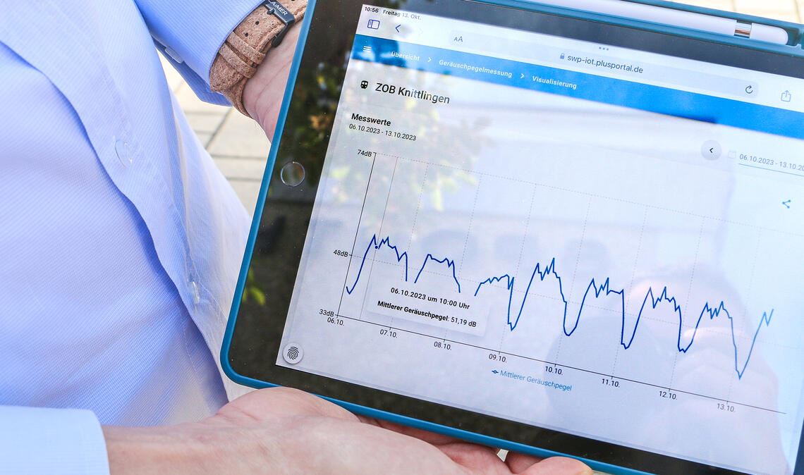 Ein Blick auf den Bildschirm zeigt, wann es am Zentralen Omnibusbahnhof in Knittlingen wie laut ist. Fotos: Deeg