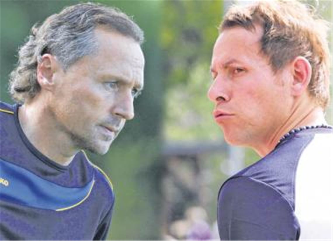 Ein Derby macht Spaß, findet Eberhard Carl (li.). Dennoch nehmen der Phönix-Trainer und sein Illinger Pendant Thomas Fritsch das Aufeinandertreffen ernst.
Fotos: Gössele, Eigner/Montage: Fitzner