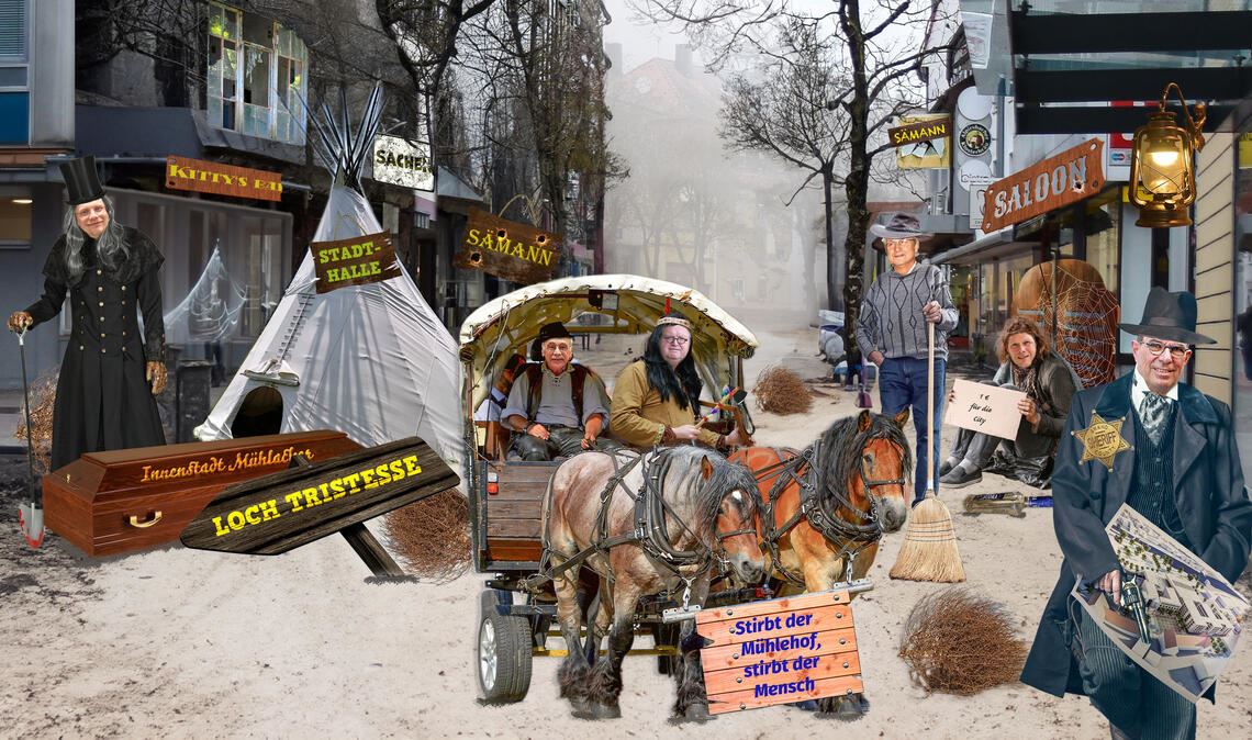Die Stadt, die einen K(r)ater hat Ein Faschingsalbtraum - die Innenstadt wird zur Geisterstadt: Mühlacker als „Death Valley“? In der närrischen Straßenszene aus der Fußgängerzone präsentiert Sheriff Snider seine „Schatzkarte“, den Plan für eine „Neue Mitte“, während sich Rancher Leo (Freie Wähler) und Häuptling Bächle (CDU) dem Bauernprotest gegen das Höfe-Sterben anschließen. Veit Kibele (FDP) erschließt als Bettler neue Einnahmequellen für die Sender-City, derweil Klemens Köberle (LMU) auf staubigem Untergrund den Kehraus praktiziert. Paul Renner (SPD) wiederum trägt als Sargtischler symbolhaft die Einkaufsinnenstadt zu Grabe. Fotomontage: MT/Odenwälder