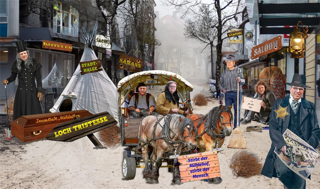 Ein Faschingsalbtraum - die Innenstadt wird zur Geisterstadt: Mühlacker als „Death Valley“? In der närrischen Straßenszene aus der Fußgängerzone präsentiert Sheriff Snider seine „Schatzkarte“, den Plan für eine „Neue Mitte“, während sich Rancher Leo (Freie Wähler) und Häuptling Bächle (CDU) dem Bauernprotest gegen das Höfe-Sterben anschließen. Veit Kibele (FDP) erschließt als Bettler neue Einnahmequellen für die Sender-City, derweil Klemens Köberle (LMU) auf staubigem Untergrund den Kehraus praktiziert. Paul Renner (SPD) wiederum trägt als Sargtischler symbolhaft die Einkaufsinnenstadt zu Grabe. Fotomontage: MT/Odenwälder