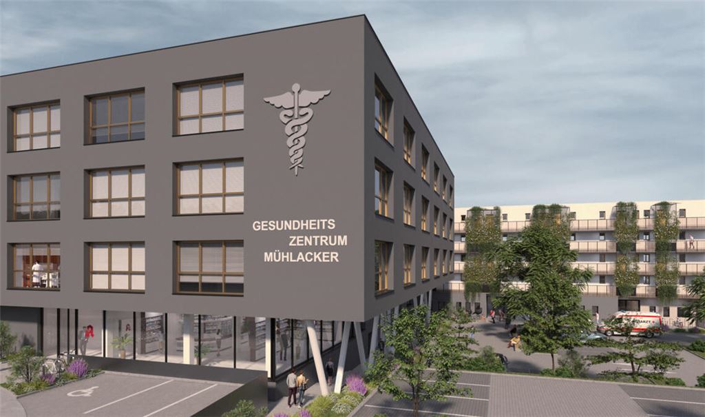 Ein Gesundheitszentrum mit niedergelassenen Ärzten, ein Wohnheim für Mitarbeiter und ein Neubau für die Kindertagesstätte „Rabennest“ sollen auf dem Krankenhausareal in Mühlacker im Sommer 2025 bezugsfertig sein. Foto: Sparkasse Pforzheim Calw