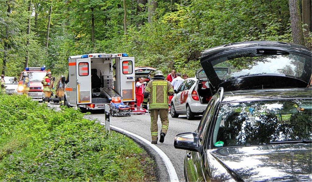 Ein Großaufgebot an Helfern bemüht sich um den verunglückten Motorradfahrer.
