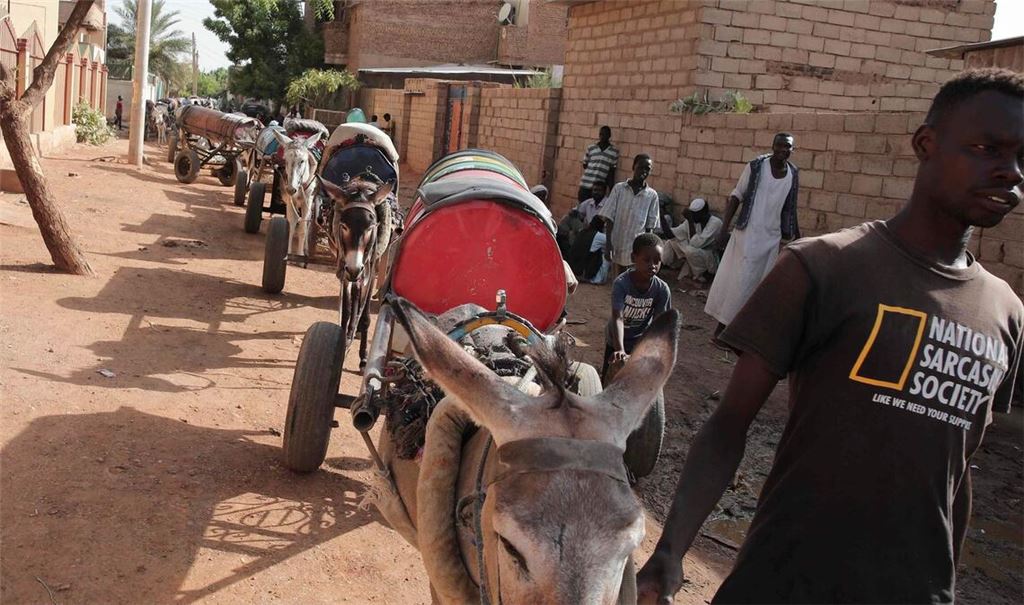 Ein Mann führt in Khartum Esel, die Wasserfässer auf Karren ziehen.
