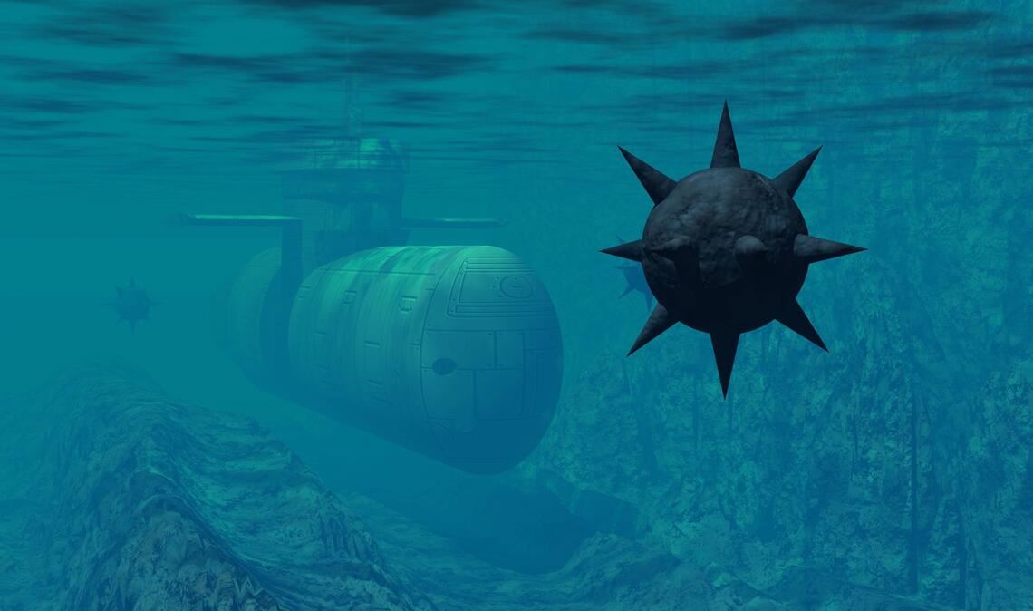 Ein U-Boot trifft am Meeresgrund auf eine Seemine (3D-Illustration).