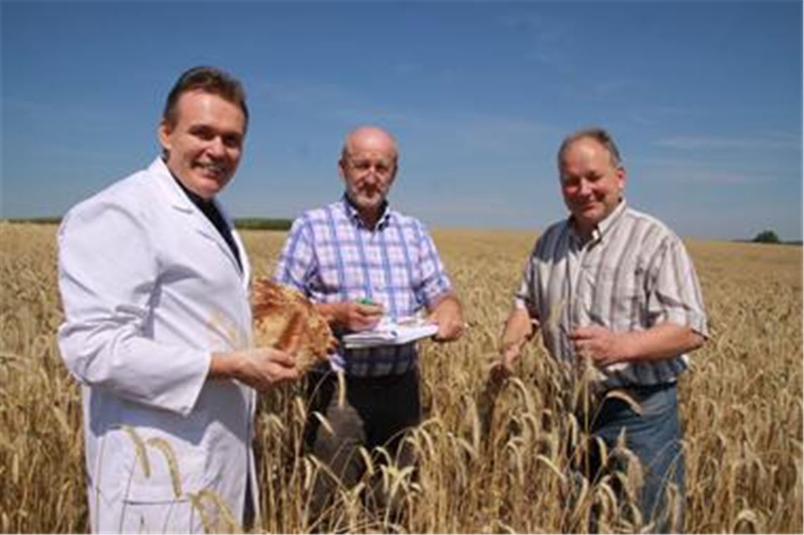 Ein aus heutiger Sicht nicht mehr neues Feld beackert Friedrich Holstein (v. r.) in Knittlingen. Er ist Mitglied der Marktgemeinschaft Kraichgau-Korn, in der die Bauern beim Getreideanbau seit rund 20 Jahren ohne Spritzmittel arbeiten. Überwacht wird die Produktion vom Sachverständigen Gerhard Risser, der Holsteins Anbau vor Ort kontrolliert. Auf die Qualität des Korns setzen Bäcker wie Wilhelm Heidinger aus Mühlacker, die sich entscheiden müssen. Wer Kraichgau-Korn will, muss in seiner Backstube zu 95 Prozent damit arbeiten. Der Bäcker- und Konditormeister tut dies aus Überzeugung.  
Foto: Disselhoff