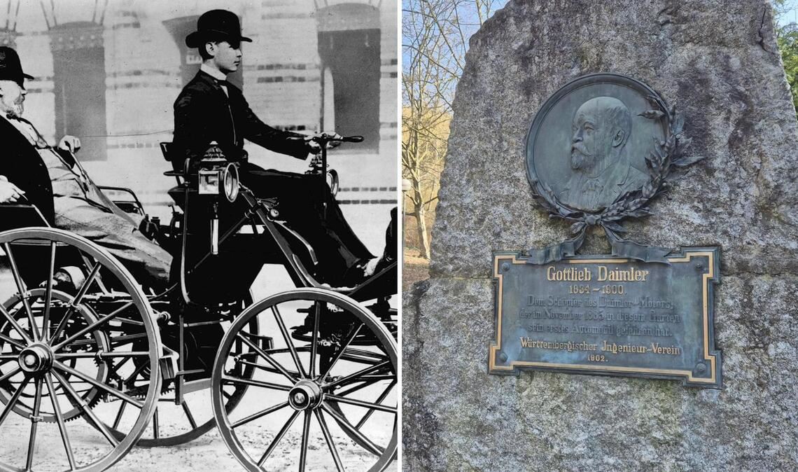 Ein bekanntes Foto: Gottlieb Daimler wird von seinem Sohn gefahren. Im Kurpark in Bad Cannstatt erinnert unter anderem diese Tafel an den Pionier.
