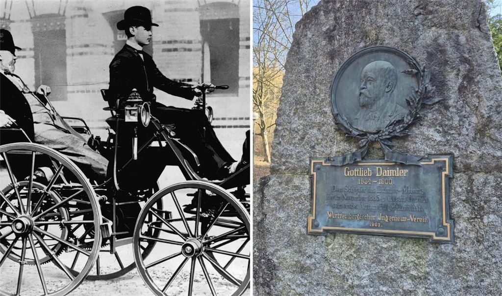 Ein bekanntes Foto: Gottlieb Daimler wird von seinem Sohn gefahren. Im Kurpark in Bad Cannstatt erinnert unter anderem diese Tafel an den Pionier.