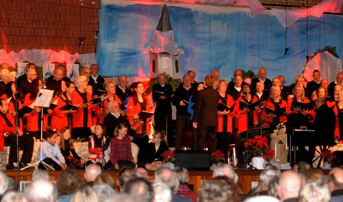 Eindrucksvoll: Weit über 100 Sängerinnen und Sänger füllen beim Konzert des MPC 2000 Männerchors und des Frauenchors die Bühne der Illinger Stromberghalle. Fotos: Stahlfeld