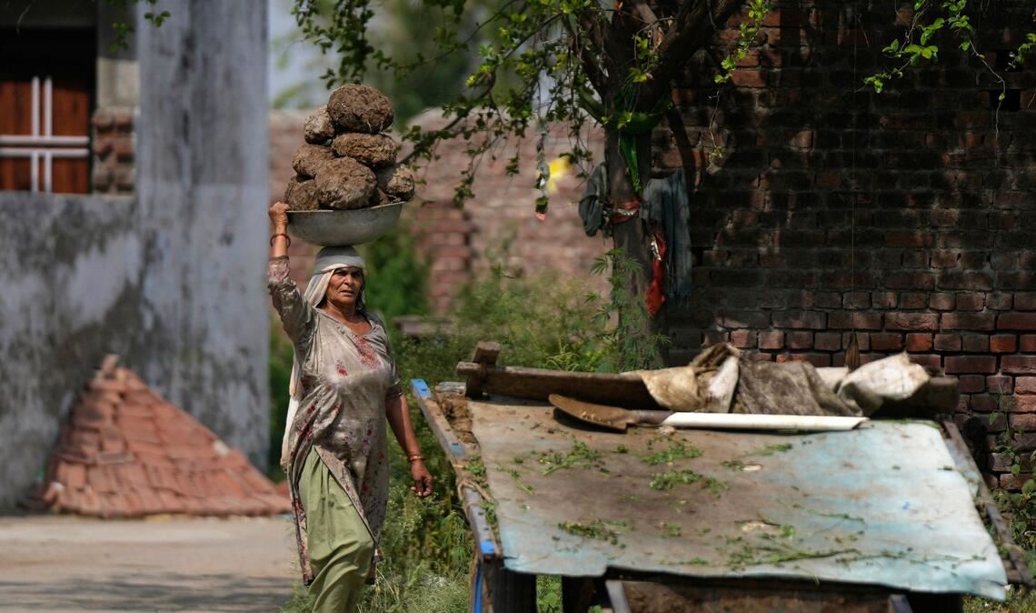 Eine Frau in Indien trägt Kuhmist, der meist als Bau- oder Brennmaterial verwendet wird, in einem Korb auf dem Kopf.