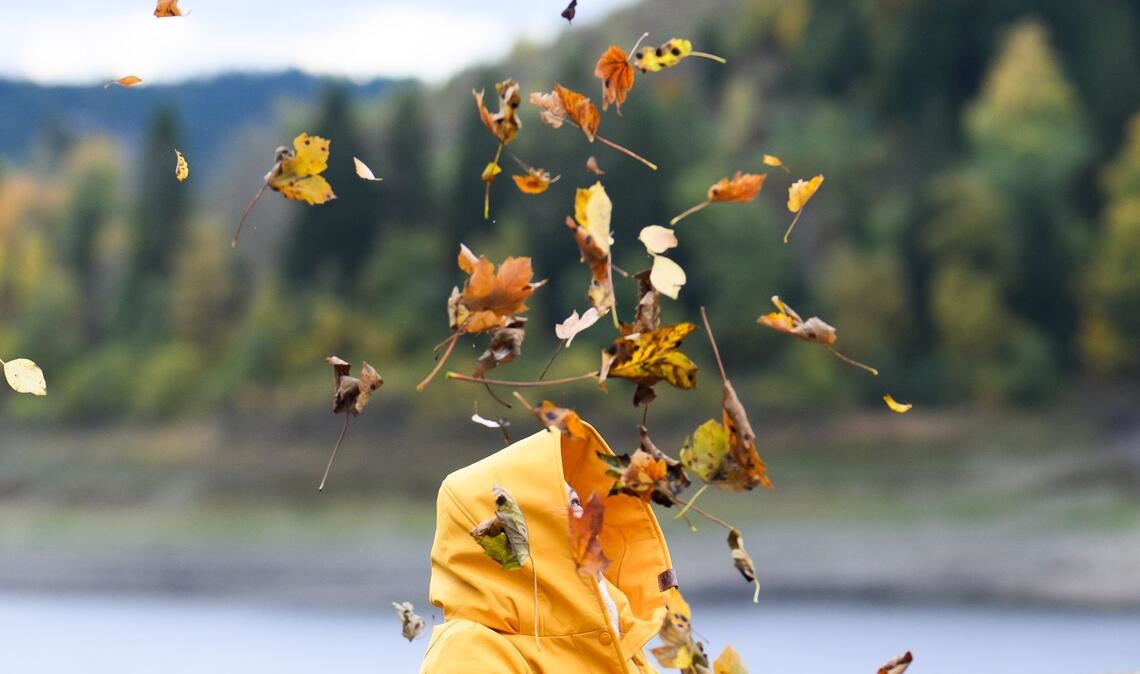 Eine Frau schaut an der Okertalsperre im Harz im Sturm fliegenden Blättern hinterher, die sie zuvor zur Belustigung ihres Sohnes in die Luft geworfen hatte.