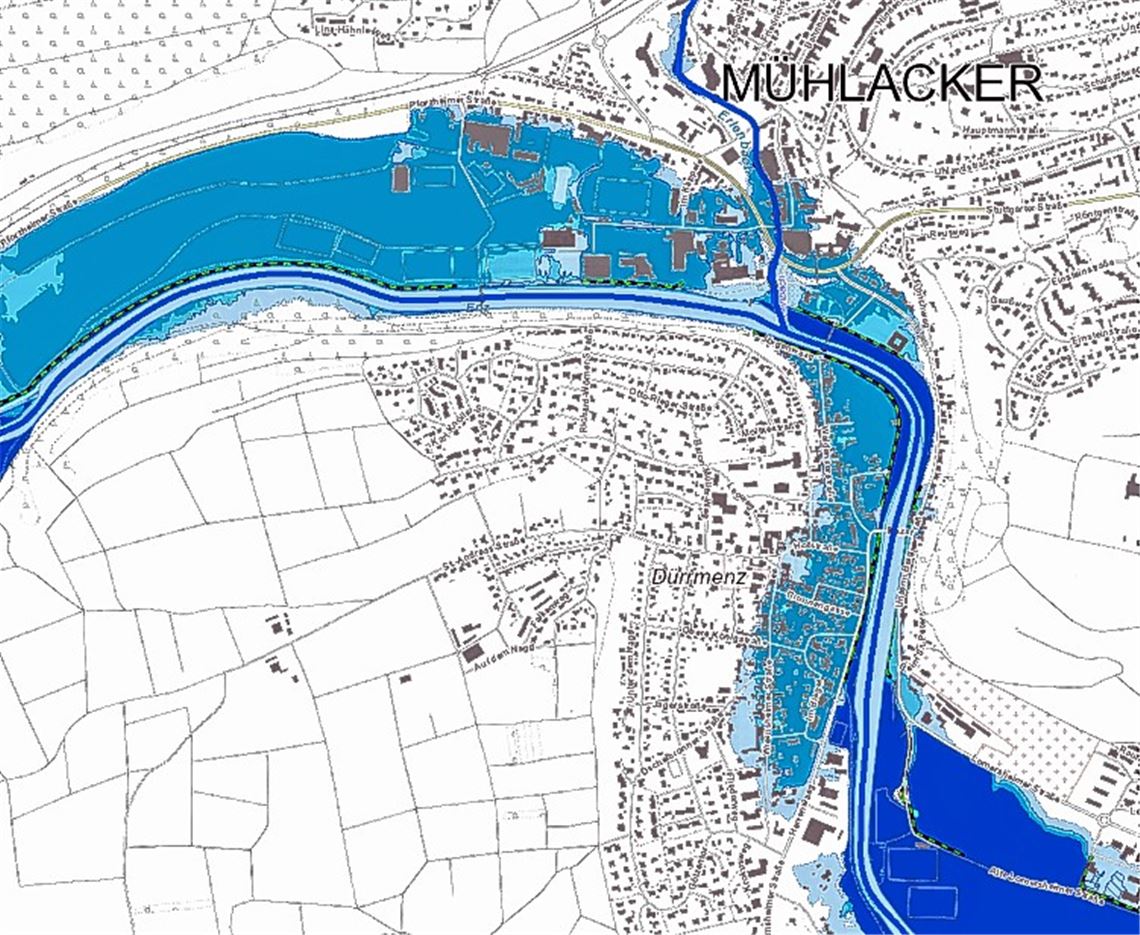 Eine Karte zeigt die Überflutungsflächen für die Kernstadt Mühlacker.Quelle: LUBW, LGL