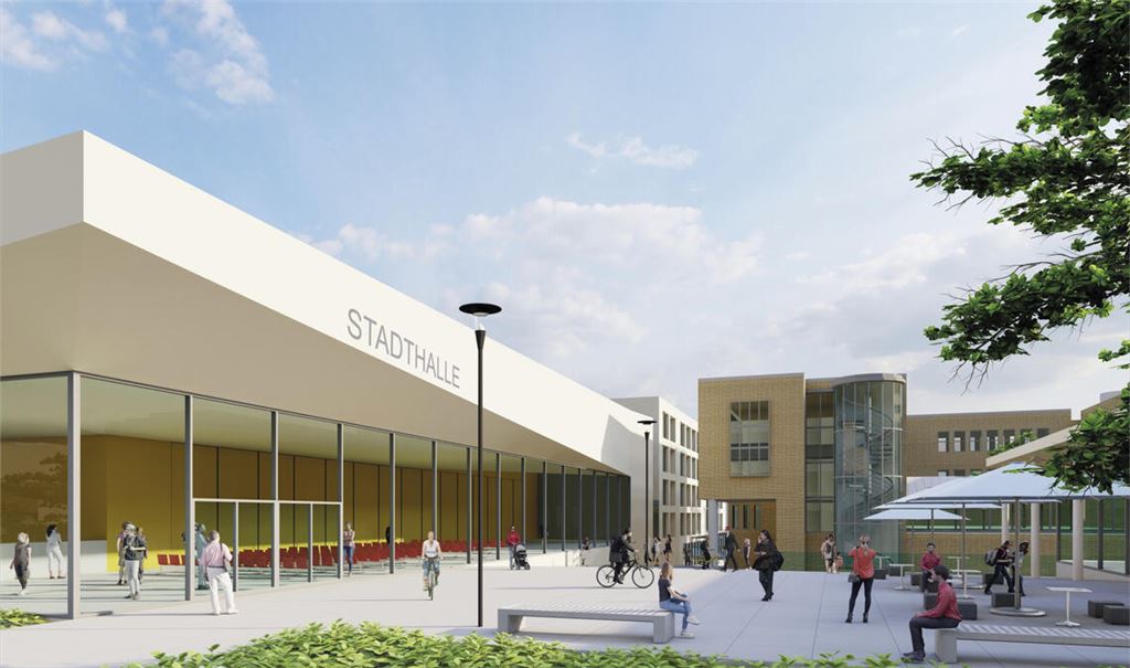 Eine Studie soll Lust machen auf die „Neue Mitte“ – mit einer modernen, schmucken Stadthalle, die sich neben dem Rathaus über die vierspurige B10 in Richtung Enzgärten erstreckt. Grafik: MESA Development BR GmbH