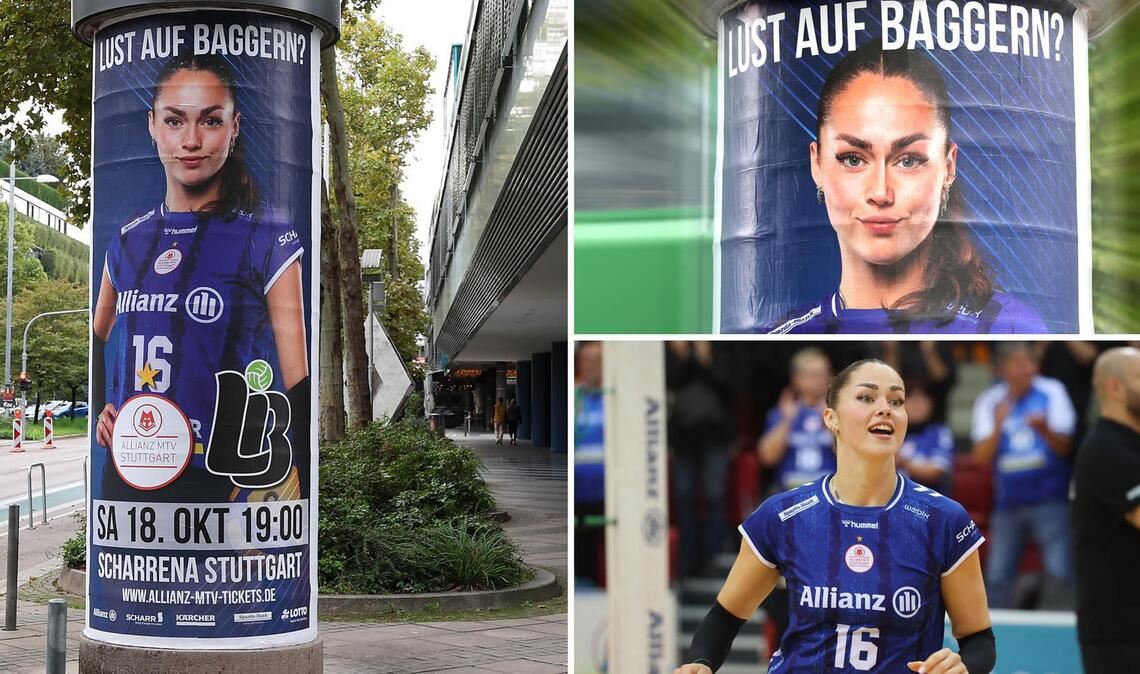 Eine der Litfaßsäulen in Stuttgart mit der Frage „Lust auf Baggern?“ über dem Bild der neuen Außenangreiferin Mikala Mogensen.