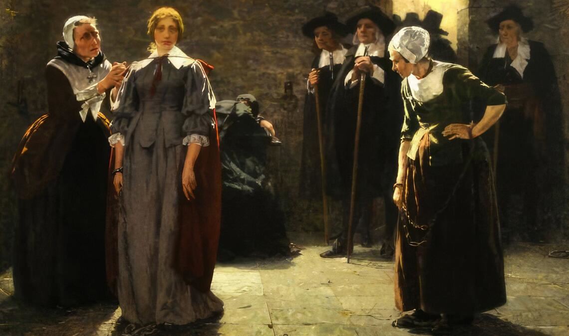 Eine junge Frau wird von den Einwohnern einer Stadt als Hexe beschuldigt und soll von den Beauftragten des Gerichtes abgeführt werden (um 1800).