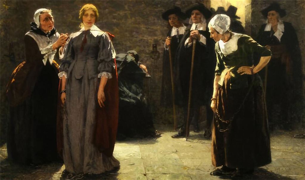 Eine junge Frau wird von den Einwohnern einer Stadt als Hexe beschuldigt und soll von den Beauftragten des Gerichtes abgeführt werden (um 1800).