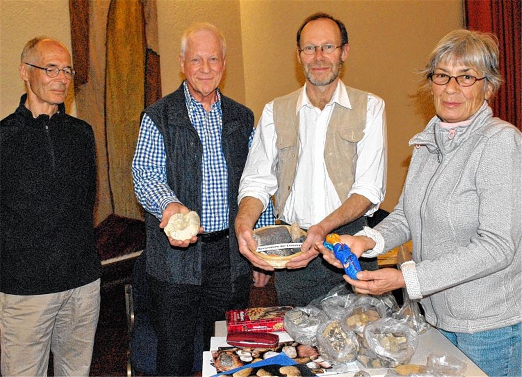 Eine überraschende Vielfalt an Steinen: Wolfgang Rieger (li.), Manfred Rapp und Sonngard Bodner vom gastgebenden Verein und der Referent Rainer Single (2 v.li.).